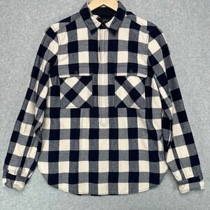 J‎ Crew Plaid Flannel Shirt Jacket Half Zip Wool Blend Navy Cream XS NEW